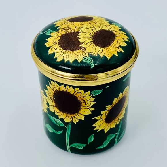 Rare Halcyon Days Signed Sunflower Enamel Pill Box - Picture 1 of 8